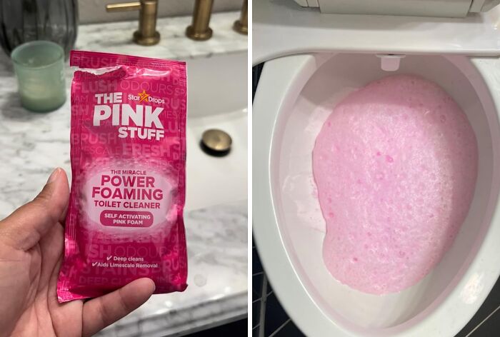 Pink power foaming toilet cleaner packet beside a toilet with pink foam, showcasing a popular Amazon buy.