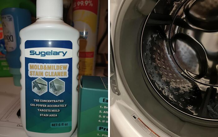 Mold and mildew stain cleaner next to a washing machine drum.