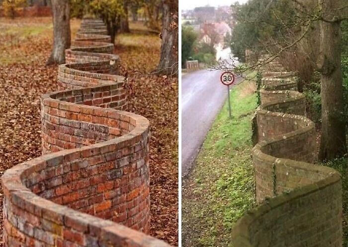 A wavy brick wall in a park and along a roadside, showcasing rare architectural design.