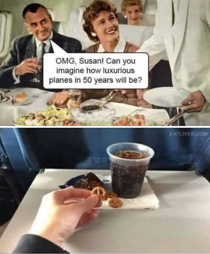 Retro scene predicting future flight luxury juxtaposed with current plane meal, capturing relatable humor from a funny meme page.