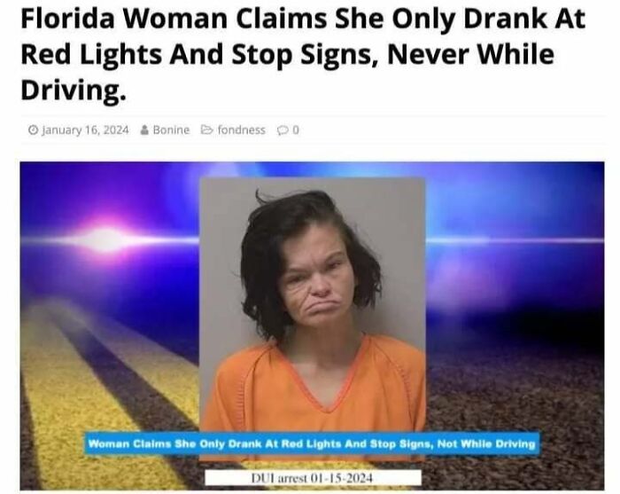 Mugshot of a woman with text claiming she drank only at red lights and stop signs, featured on a funny memes page.