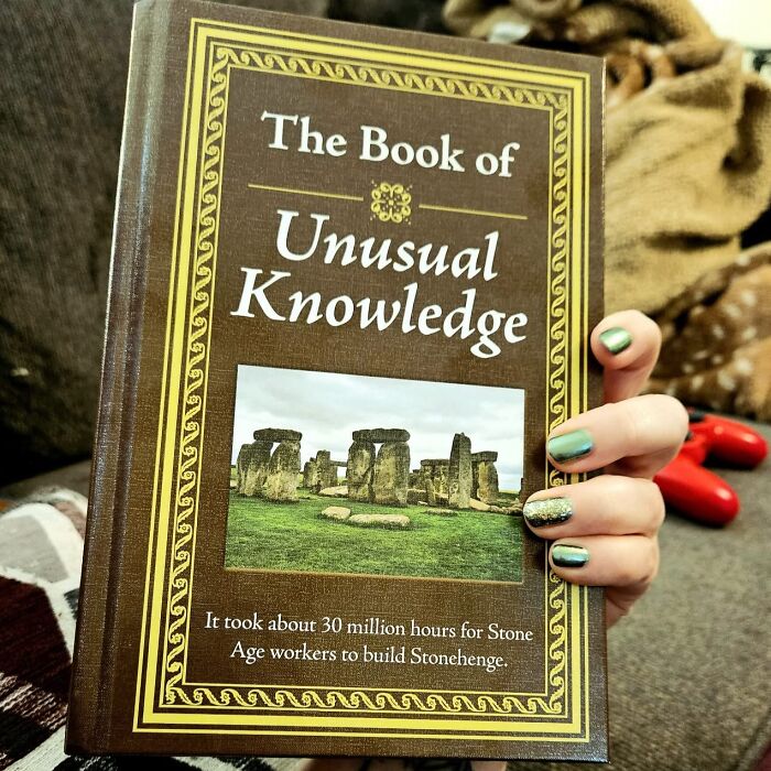 Book about unusual knowledge held by person, featuring Stonehenge photo.