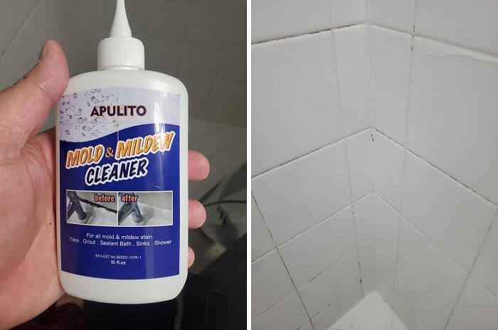 Mold cleaner from Amazon held in hand with clean tiled corner, showcasing effectiveness.