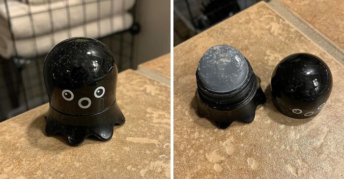 Cute black octopus-shaped beauty product, popular buy from Amazon, shown closed and opened on a bathroom counter.