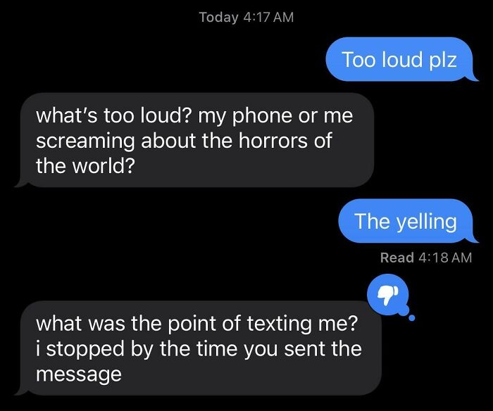 Text exchange about noise between frustrated roommates.