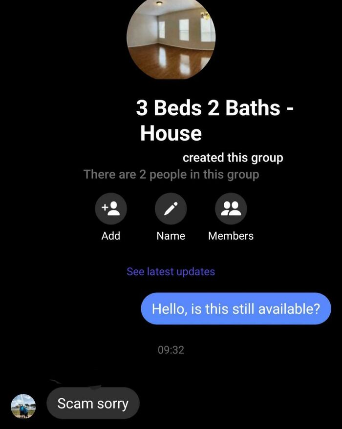 Group chat titled "3 Beds 2 Baths - House" with a message about availability labeled as a scam. Best-Texts-Of-2024.