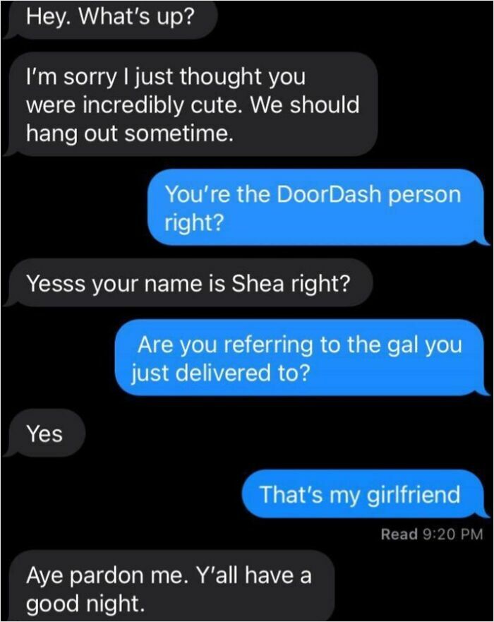 Text exchange about a delivery person approaching a woman, revealing awkwardness when realizing she has a boyfriend.