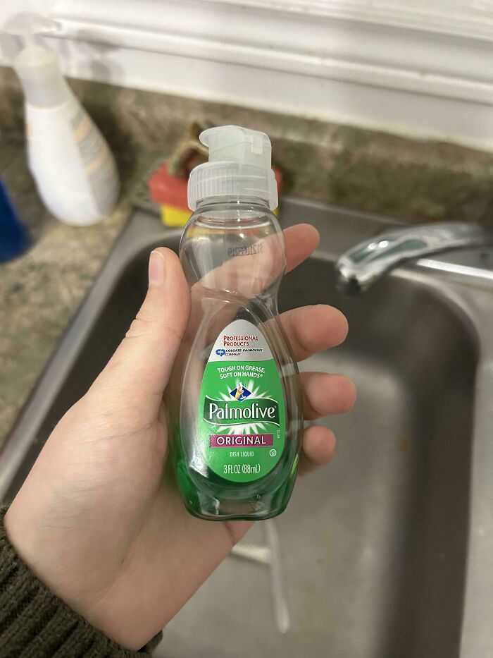 Tiny bottle of dish soap humorously highlights horrible-roommates scenario.