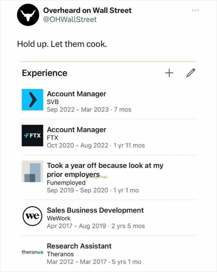 Investment memes humor about job experiences from "Overheard On Wall Street," featuring roles at SVB, FTX, and WeWork.