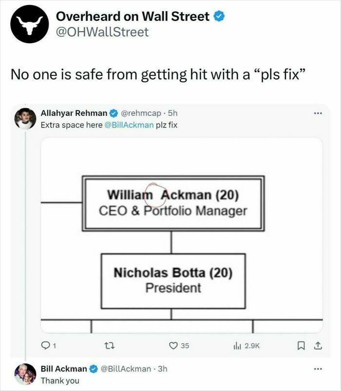 Meme about investment with a flowchart showing a typo in William Ackman's name, highlighted for a "pls fix" joke.