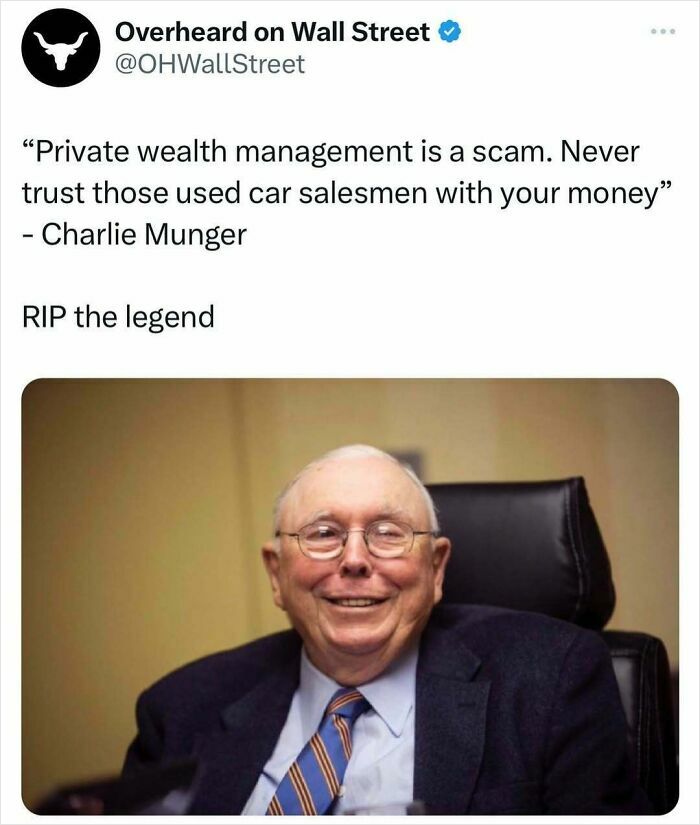 Smiling man in an office chair with quote about wealth management from "Overheard On Wall Street," focusing on investment memes.