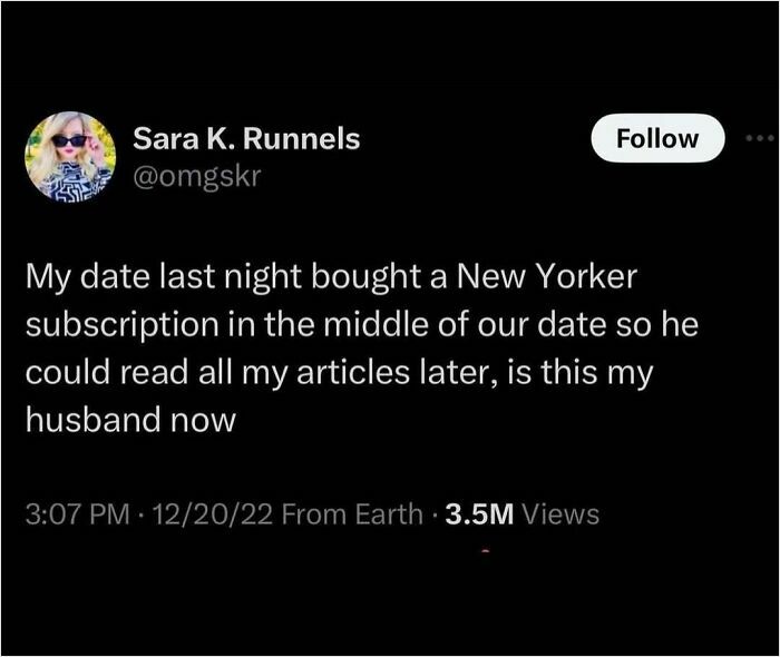 Tweet about a date buying a New Yorker subscription, highlighting humorous culture and relationship dynamics.