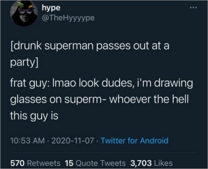 Tweet about a party prank on Superman, referencing culture and humor with a frat guy drawing glasses on him.