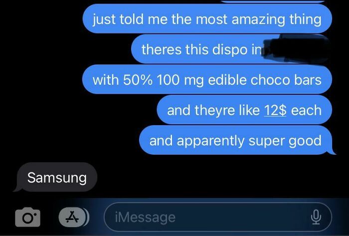 Text conversation about discounted edible choco bars.