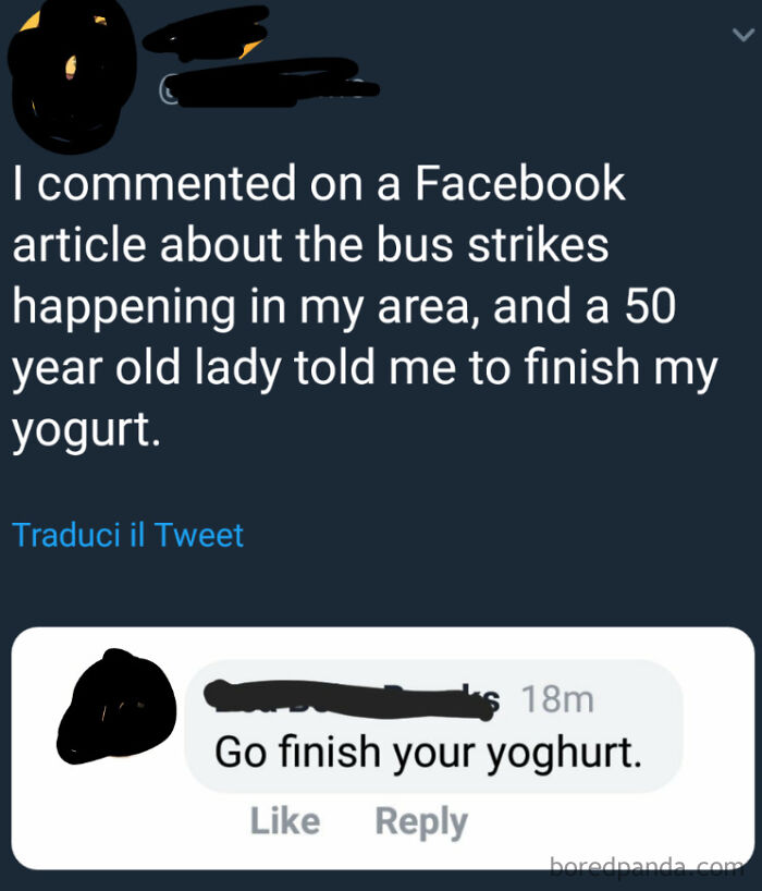 Screenshot of a humorous social media exchange discussing a bus strike, with a witty retort about finishing yogurt.