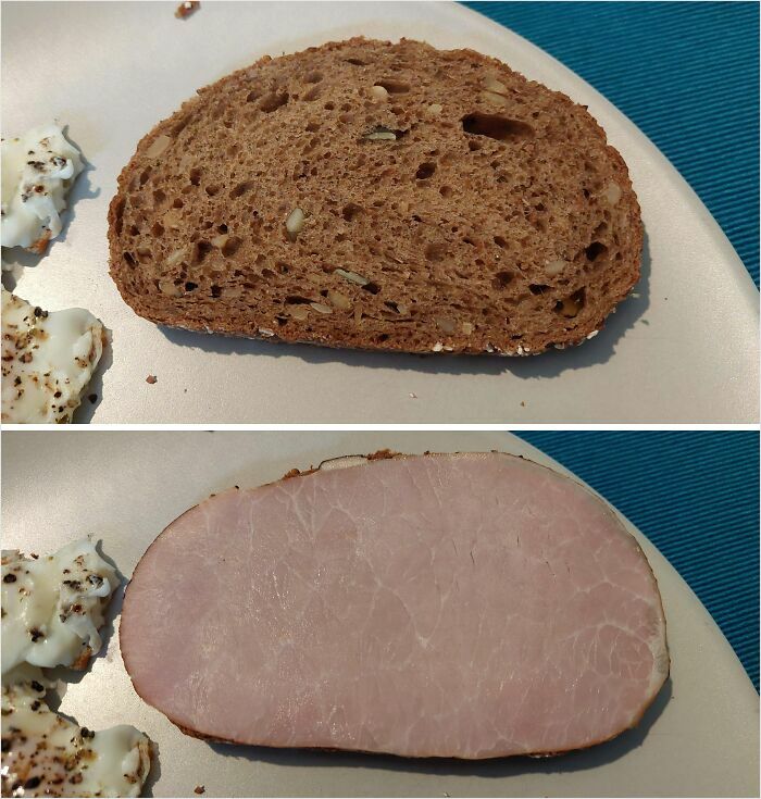 Bread and ham slices perfectly matched, creating a satisfying perfect fit on a plate.