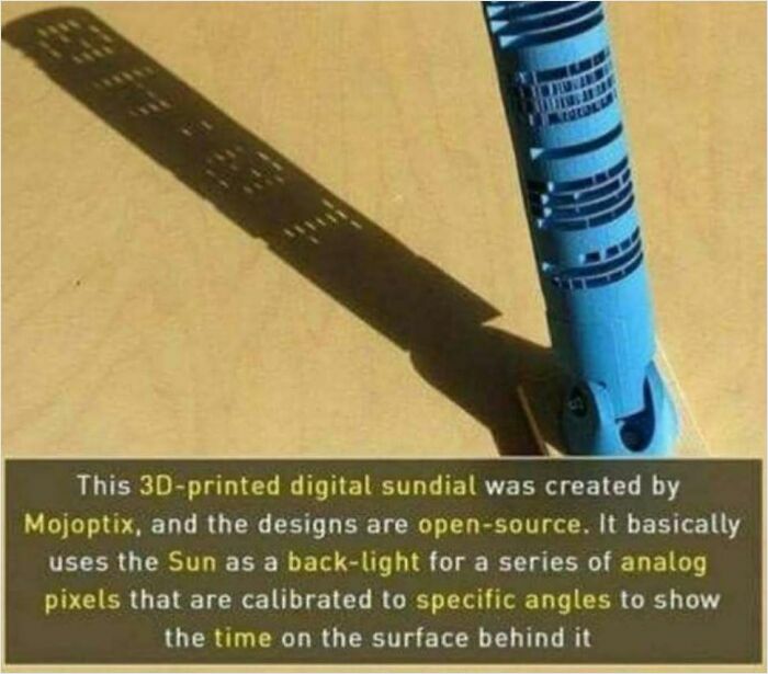 3D-printed sundial by Mojoptix using sunlight to display time; an open-source curiosity about how everything works.