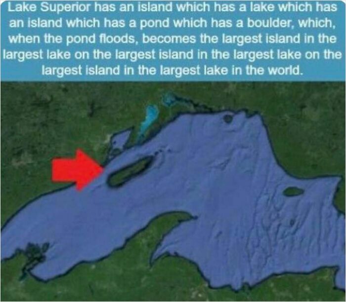 Map showing a complex geographical lake and island structure, highlighting a curiosity about Lake Superior.