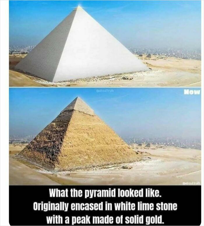 Ancient pyramid with white limestone casing and golden peak during different eras, showcasing how everything works.