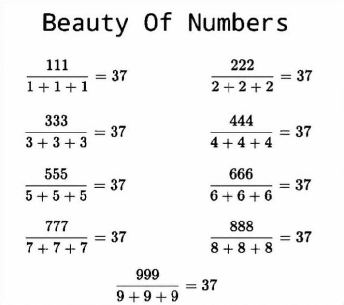 Number patterns illustrating how everything works, with equations all equating to 37.