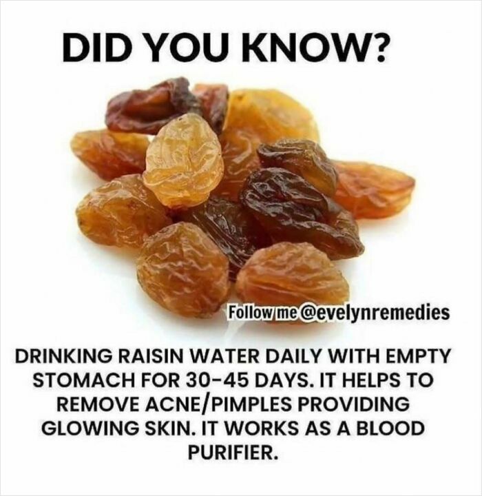 A pile of raisins with text about their benefits for glowing skin and blood purification.