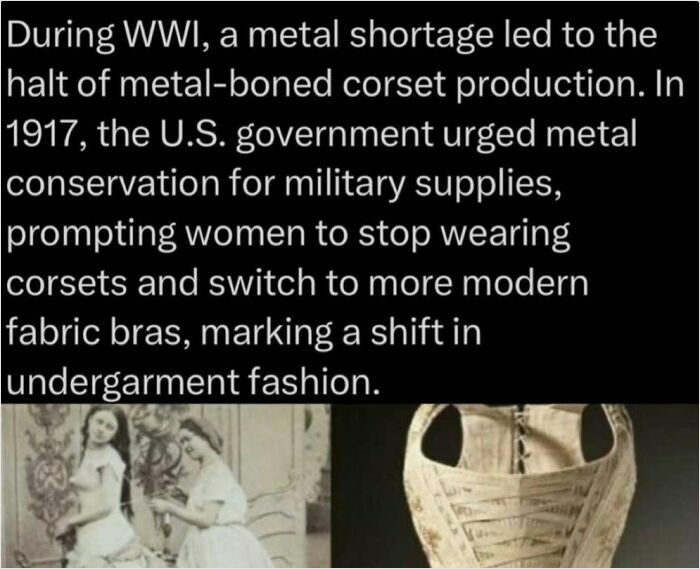 Text about WWI metal shortage affecting corset production; images of women in corsets and a close-up of a corset.