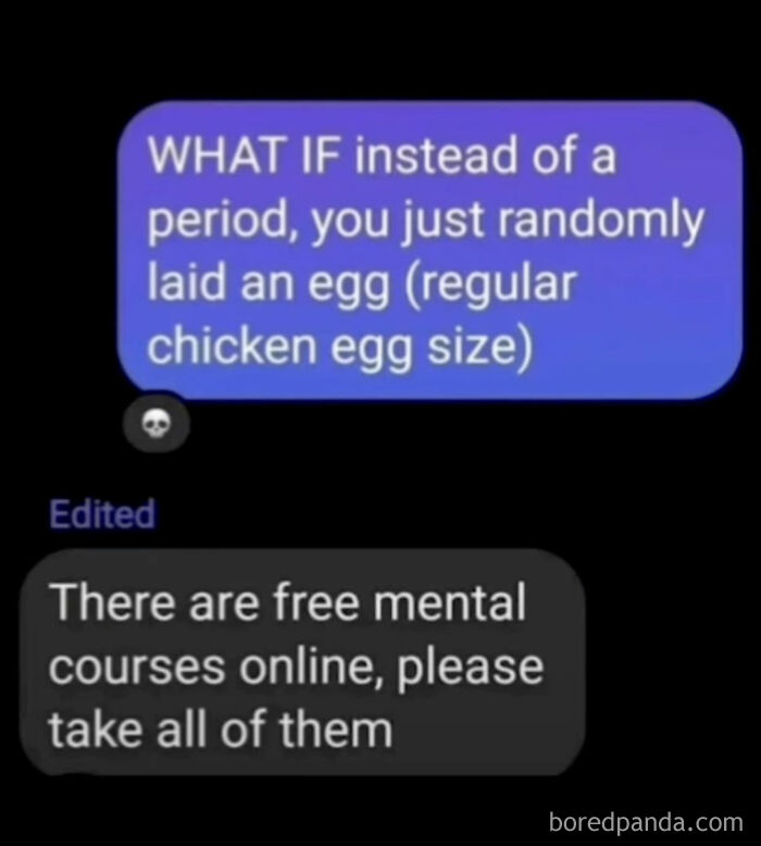 Funny people roast exchange about laying chicken eggs instead of periods with a humorous reply about mental courses.