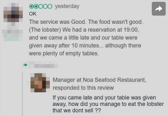 Customer review and witty restaurant manager reply highlighting funny people roasts.