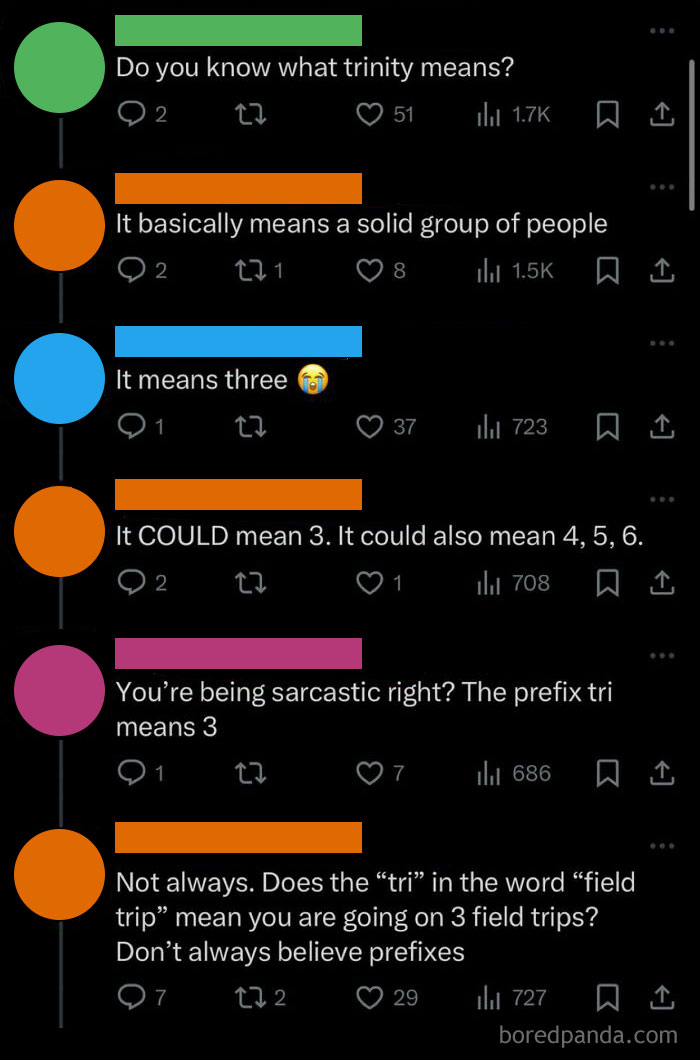 Humorous Twitter exchange about the meaning of "trinity," showcasing real roasts of ordinary people's comments.