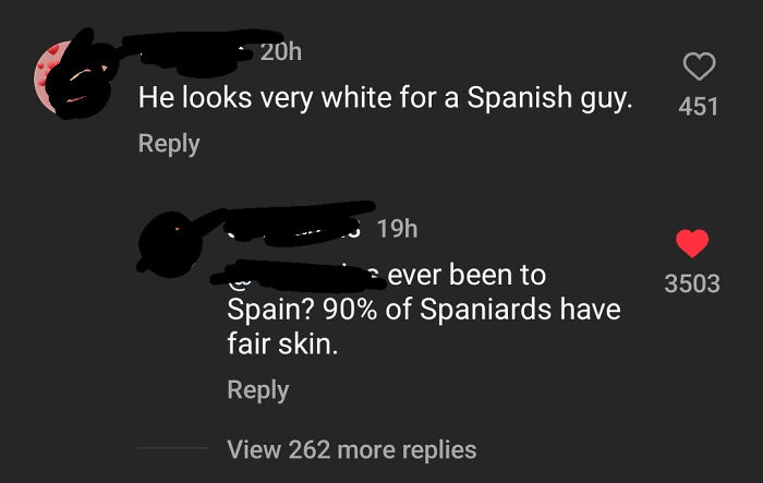 Social media comments discussing Spanish appearance with humorous tone for funny people roasts.