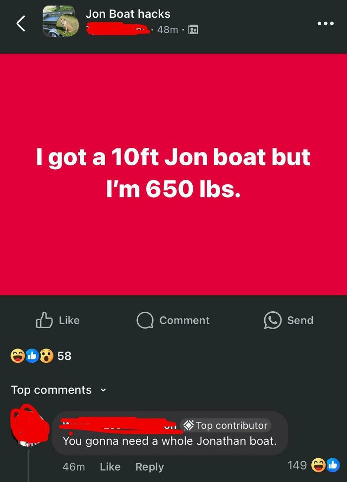 Funny roast post about needing a bigger boat.