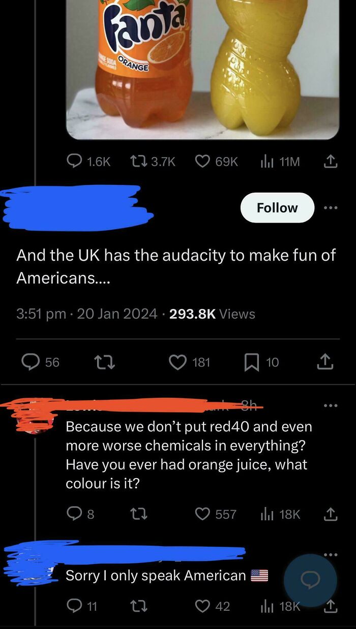 Funny people roasts 2024: Twitter exchange about UK vs US soda colors and American language response.