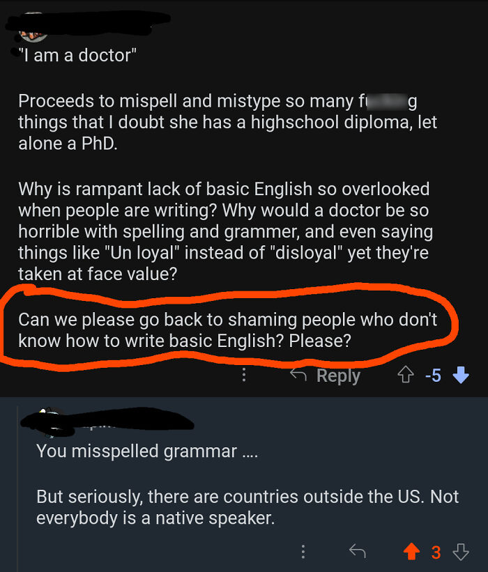 Online exchange highlighting funny people roasts with a focus on grammar mistakes.