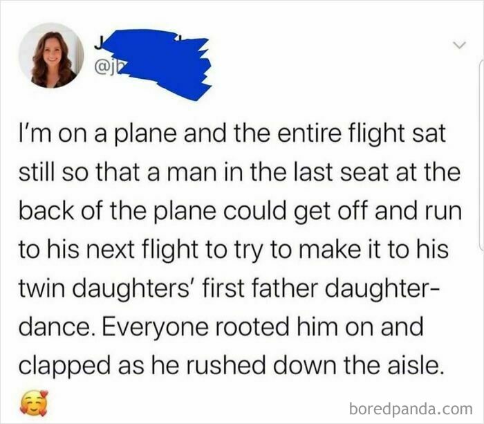 Text on IG post about a plane story where passengers help a dad rush to his daughters' dance; humorous and heartwarming content.