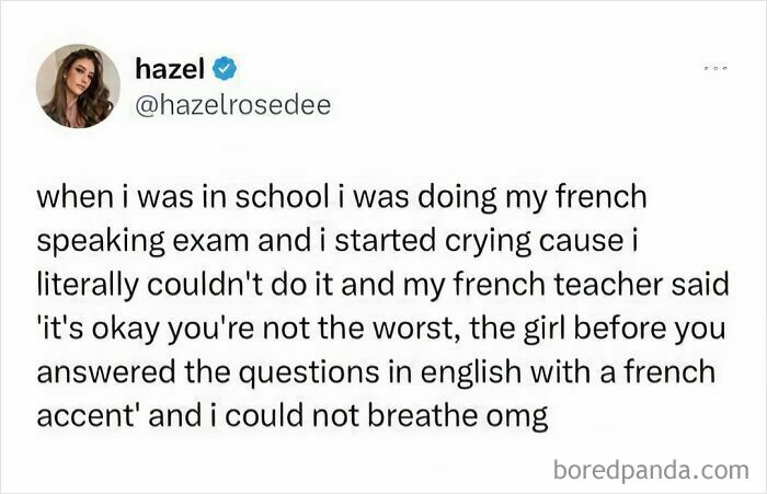 Tweet about a hilariously dumb school moment during a French exam, shared by a user.