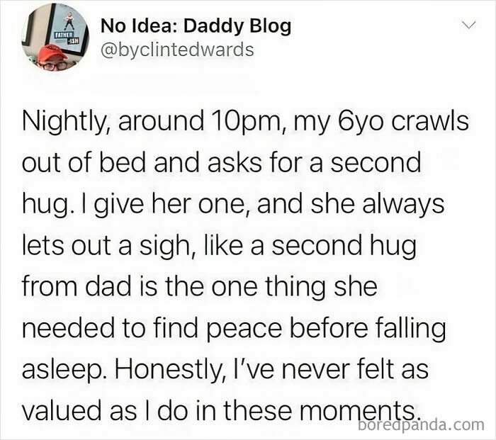 Tweet about a child asking for a hug, highlighting tender parenting moments.