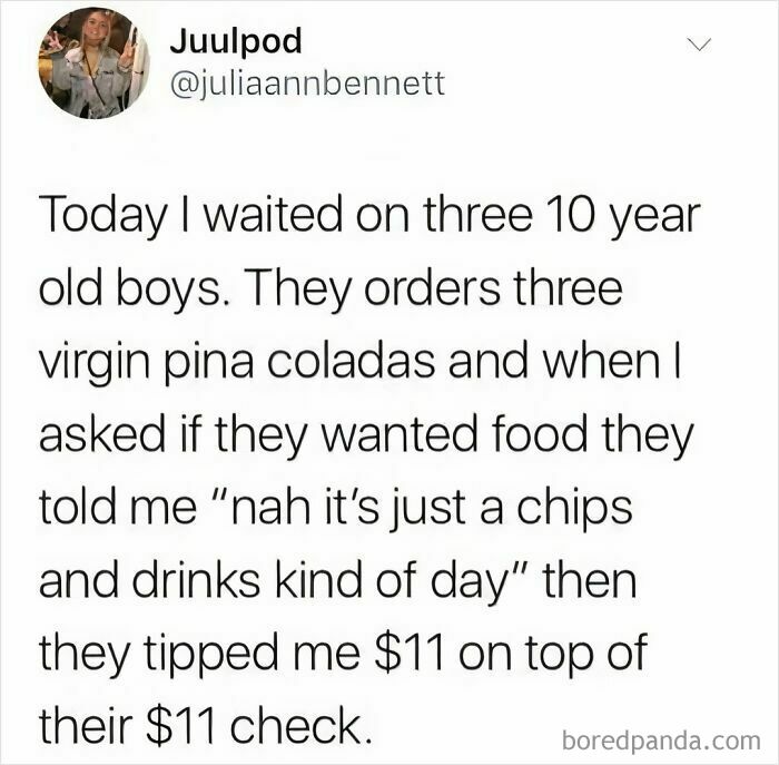 Text post humorously describes young boys ordering drinks and giving a surprising tip.