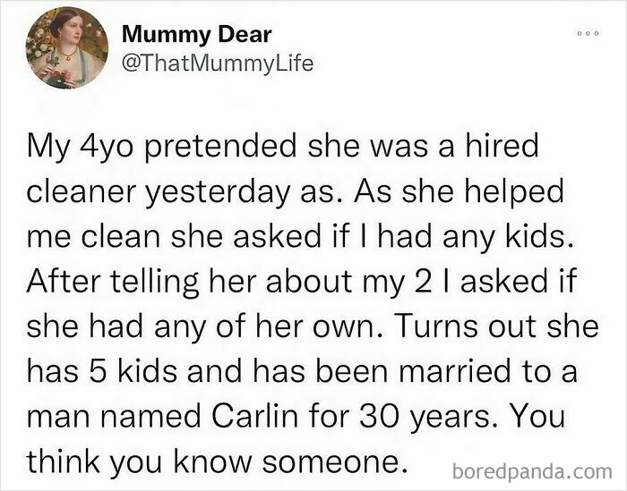 Tweet about a child pretending to be a cleaner with a funny imaginary life story, shared on IG for its humor.