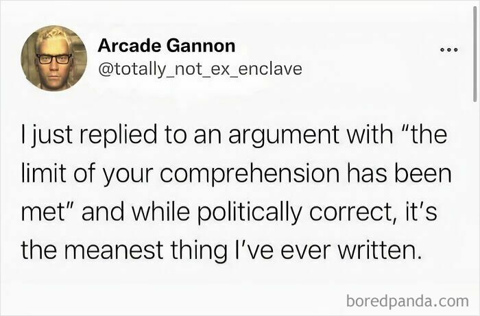 Screenshot of a tweet humorously discussing a politically correct yet mean argument response.