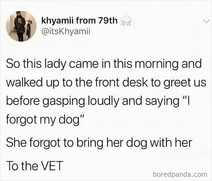 Funny social media post about a person forgetting to bring their dog to the vet.