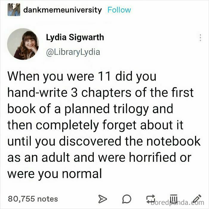 Funny meme about childhood writing projects and forgotten stories, shared by Lydia Sigwarth on social media.