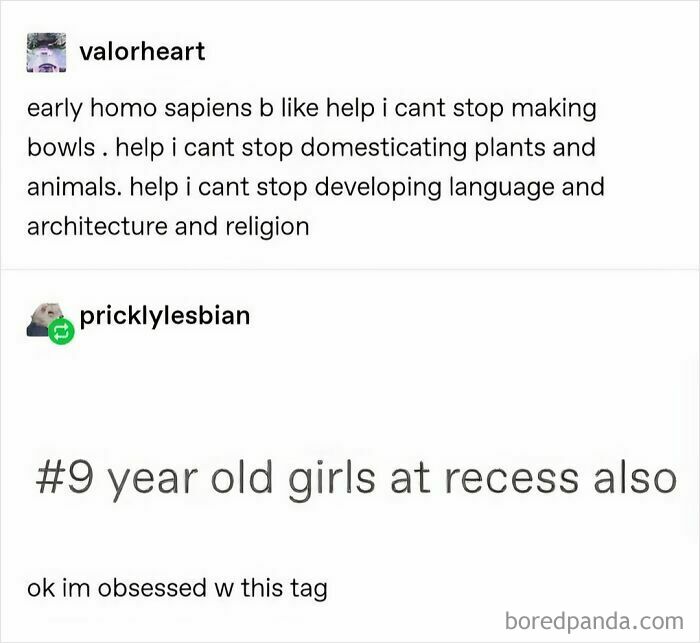 Funny meme comparing early humans with nine-year-old girls' behavior at recess.