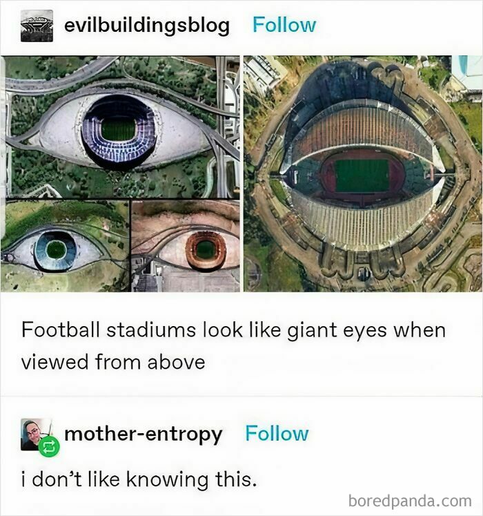 Aerial view of football stadiums resembling eyes — memes showcasing unique perspectives and cultural humor.