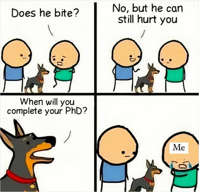 Funny science meme on PhD struggles, depicting a humorous conversation between people and a dog.