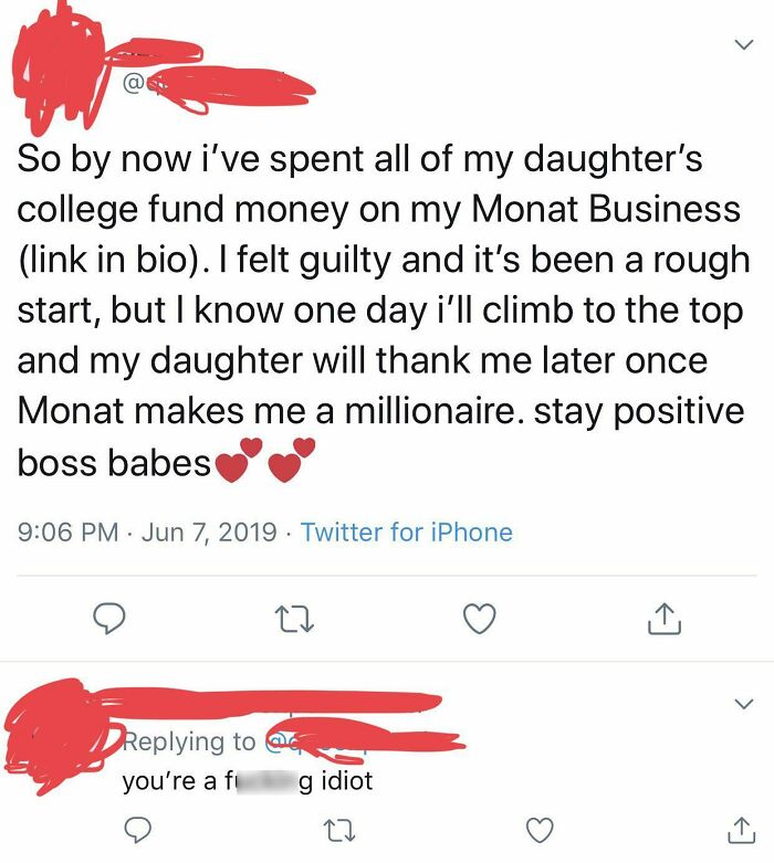 A tweet from an ignorant parent discussing spending college funds on a business investment.