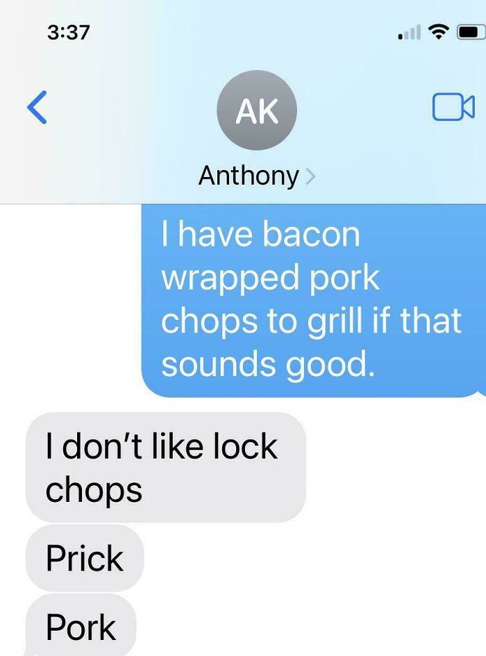 Text exchange with a typo about bacon-wrapped pork chops, highlighting humor in "best texts."