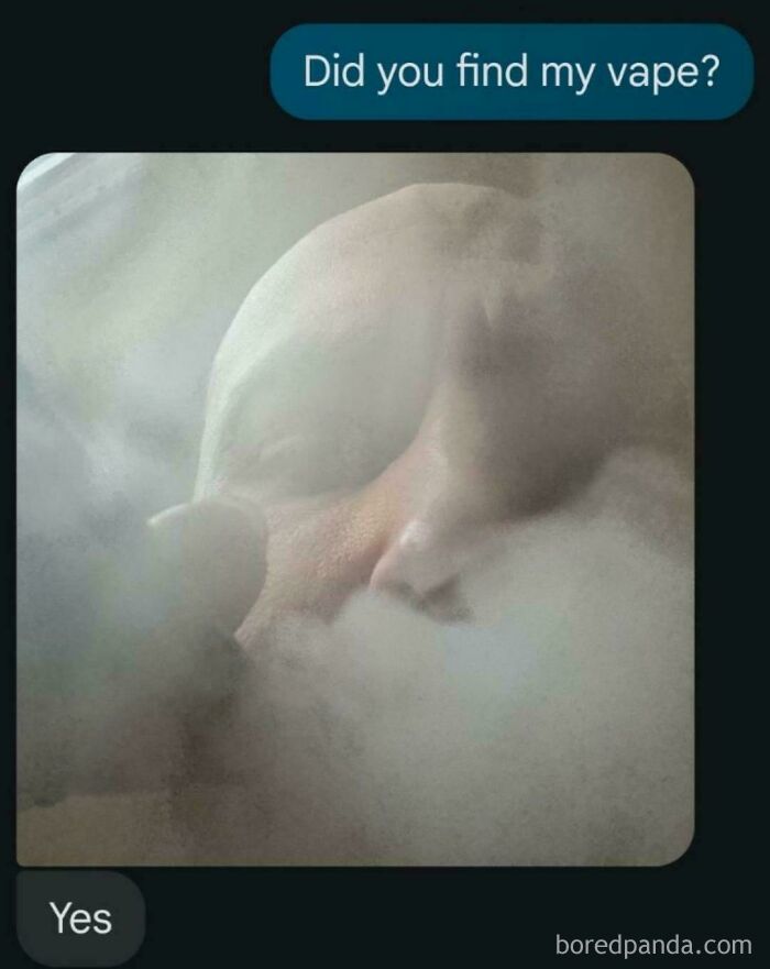 Person surrounded by vapor, with text exchange about finding a vape. Best-Texts-Of-2024 theme.