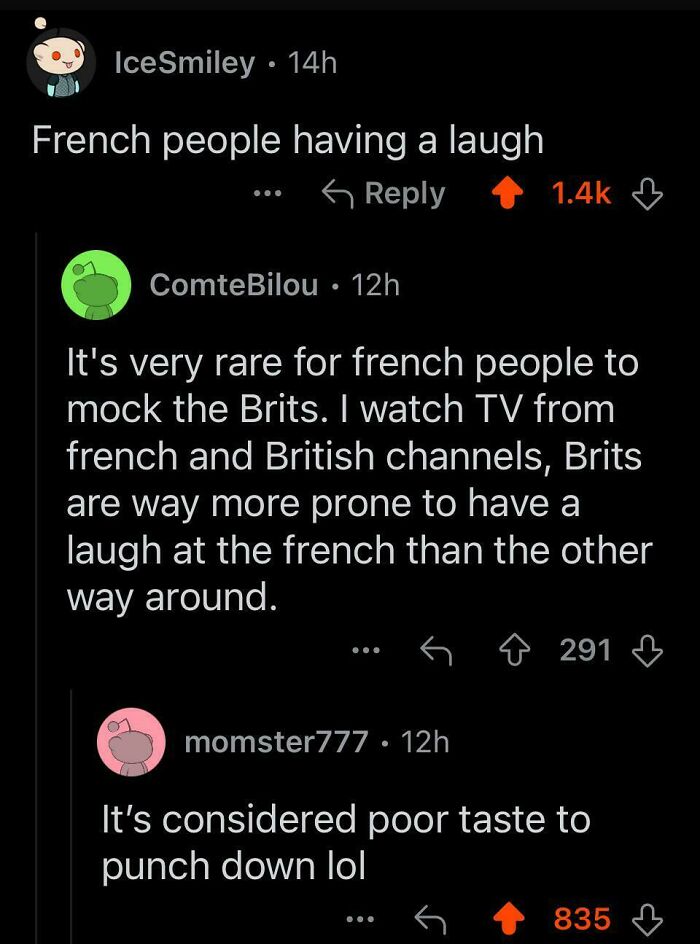 Funny people roast British-French humor debate in an online comment thread.