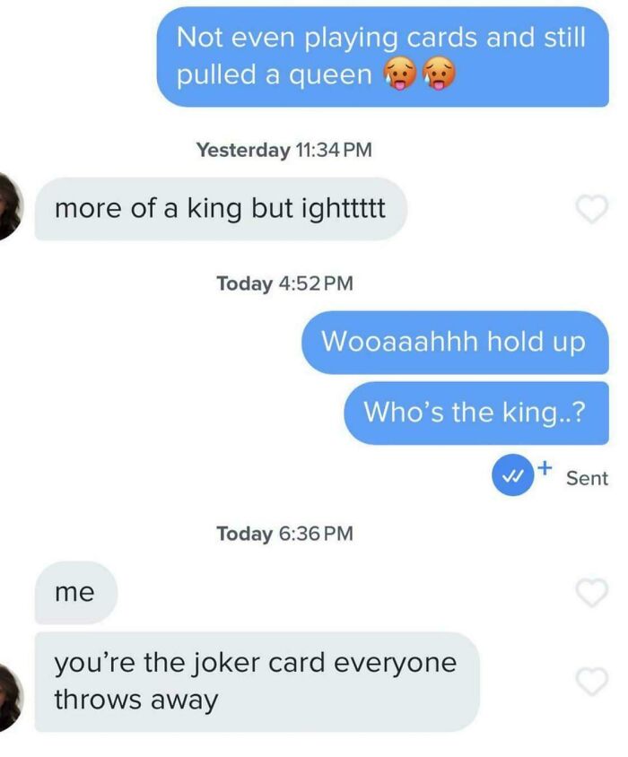 Funny people roasts in a text chat exchange about card game metaphors.