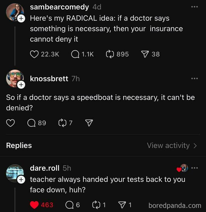 "Social media post with funny people roasts discussing doctors and insurance approvals humorously."